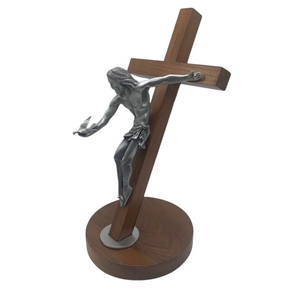 Gift of the Spirit 11" Standing Crucifix Pewter Jesus Dove Walnut Cross Faith